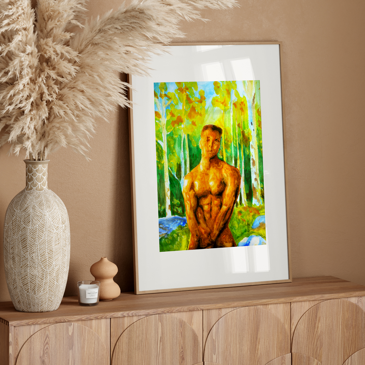 Watercolor painting of a muscular nude male in a misty forest, covering his groin with his hands, looking directly at the viewer. Expressive LGBTQ+ art by Zak Pop Art.