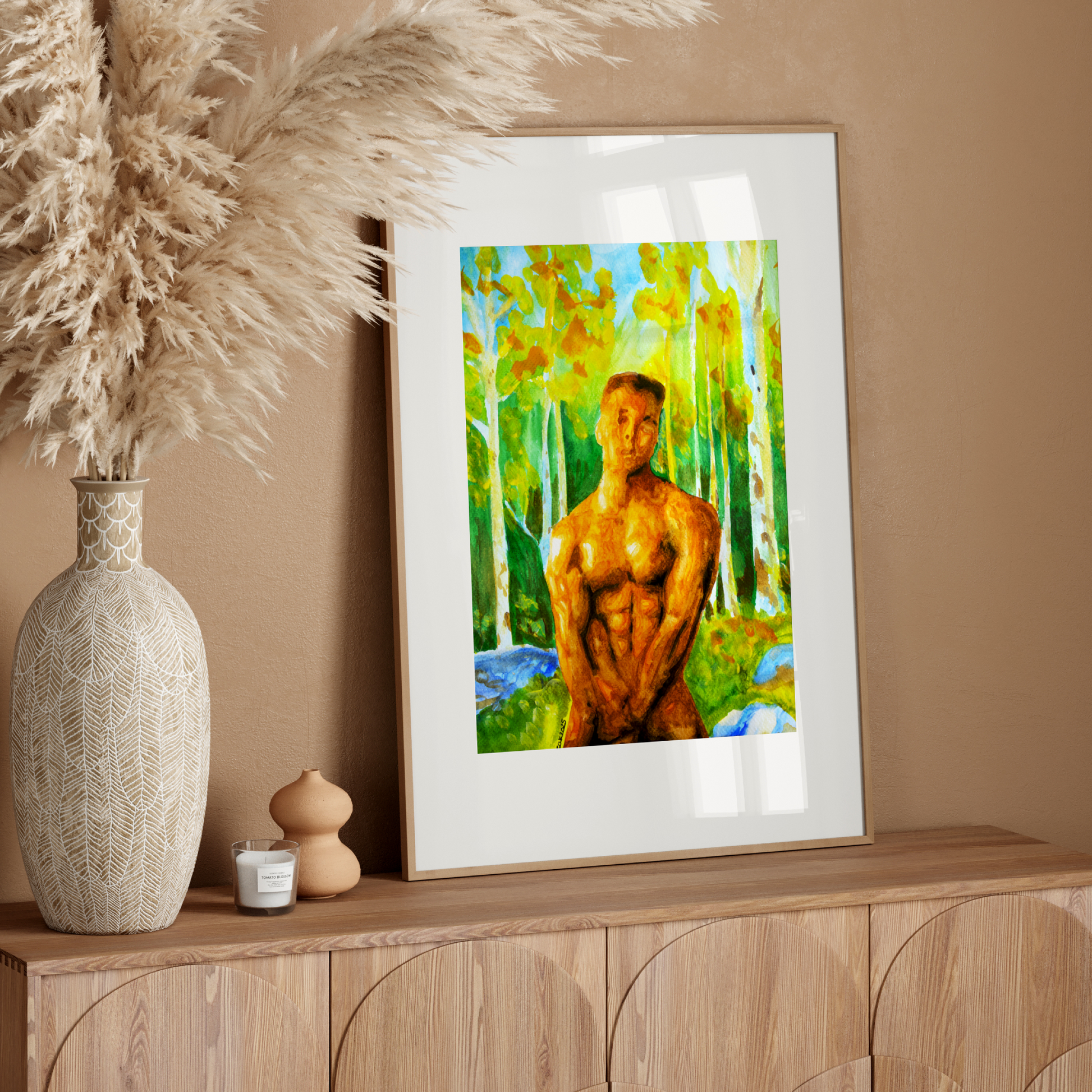 Watercolor painting of a muscular nude male in a misty forest, covering his groin with his hands, looking directly at the viewer. Expressive LGBTQ+ art by Zak Pop Art.