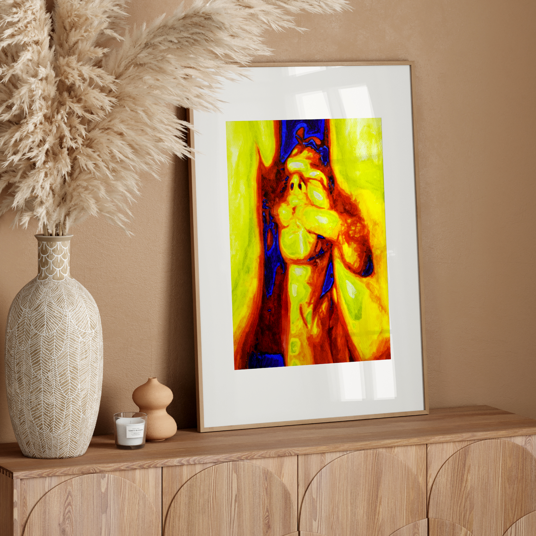 A man on his knees between two nude men, looking up with his mouth open and tongue out, in a colorful watercolor scene expressing erotic queer desire.