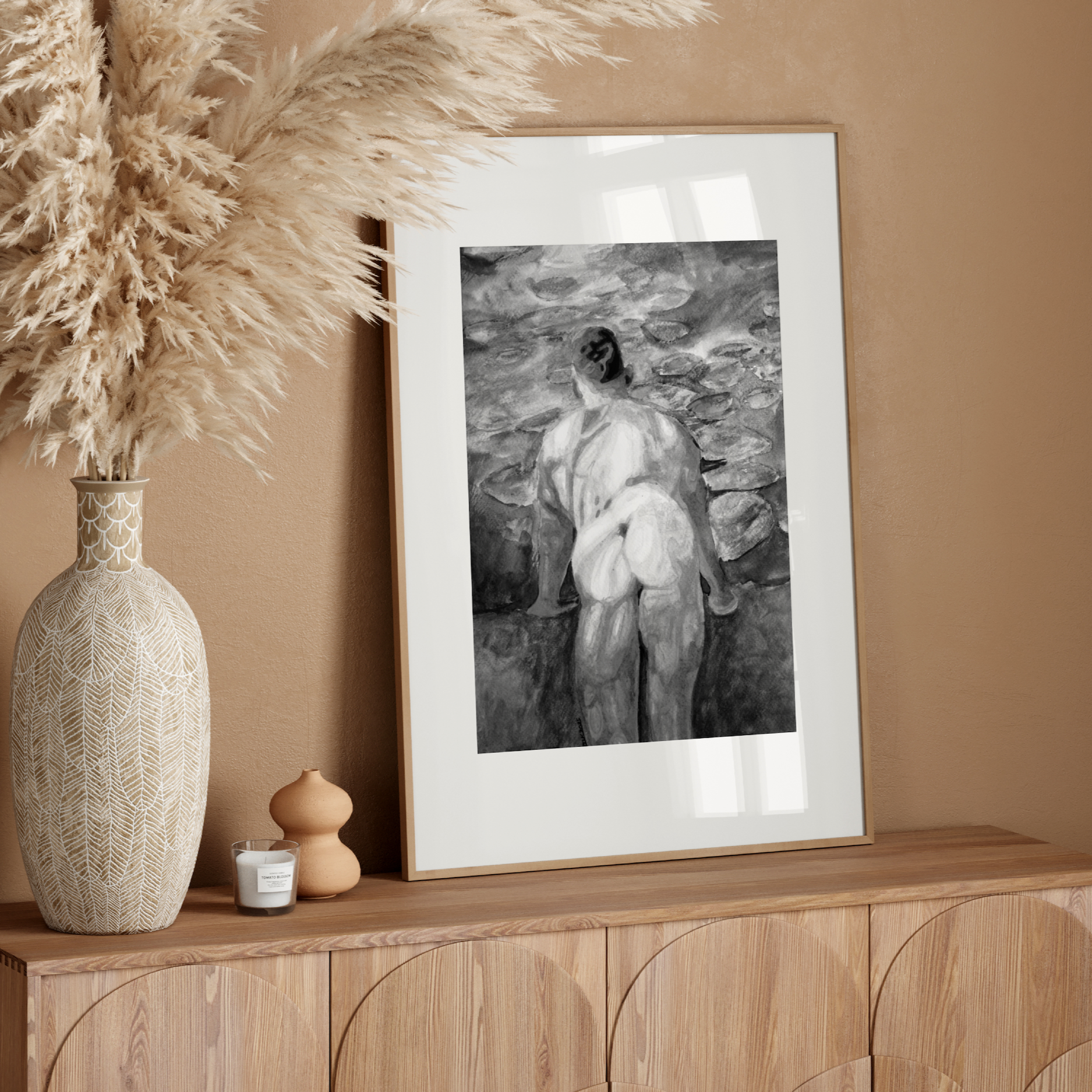 Black & White Watercolor – Muscular Nude Male with Impressionist Swamp