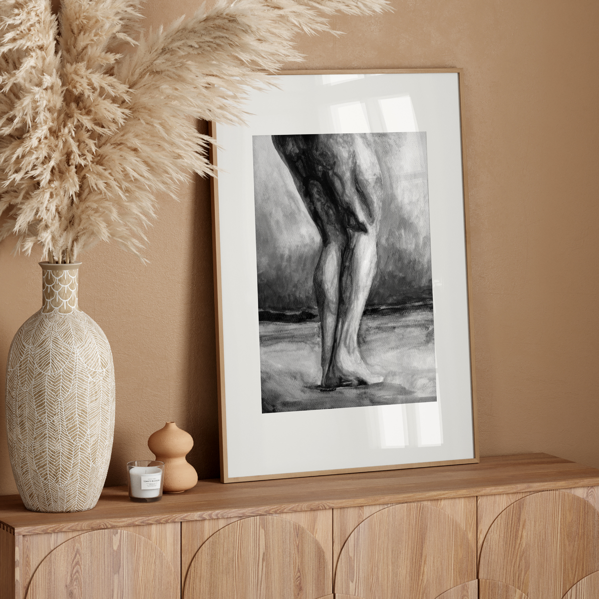 Black and white watercolor of muscular male legs standing barefoot in a field. Grayscale queer symbolism by Zak Pop Art