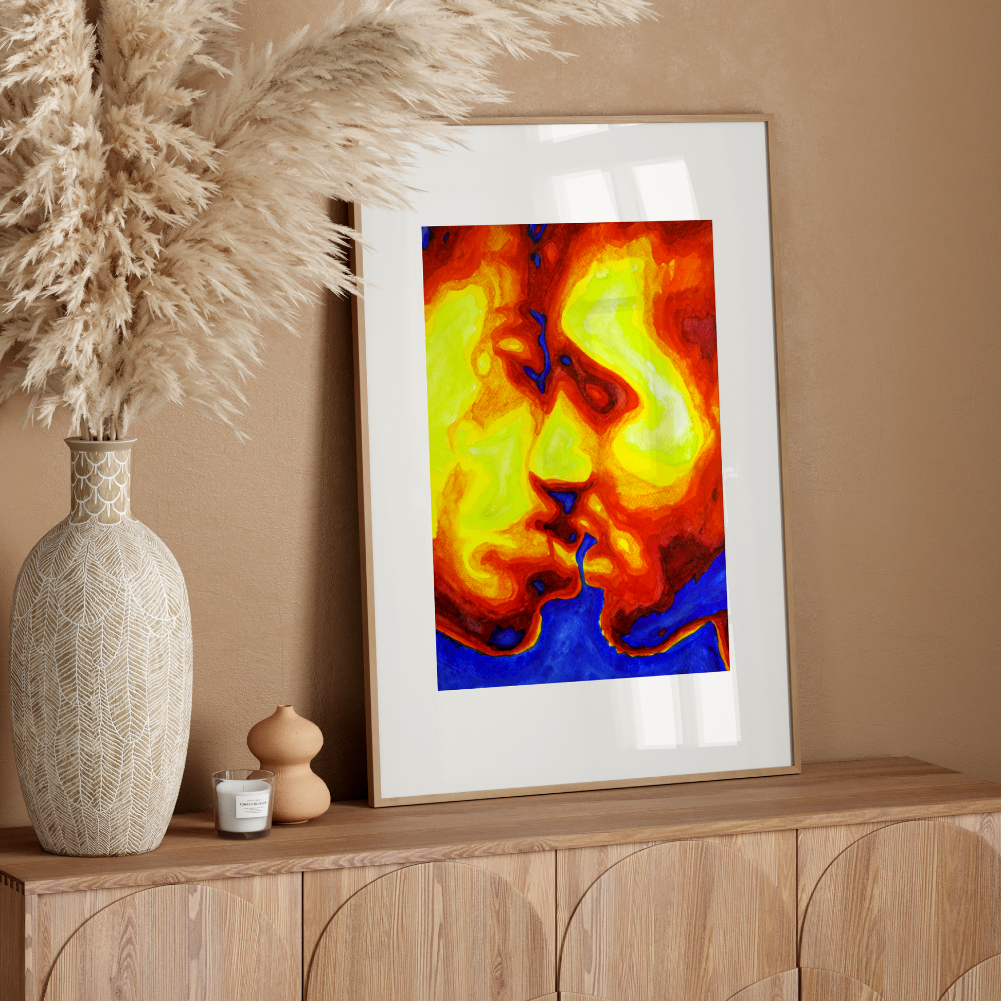 Watercolor painting of two men in profile kissing, with rainbow colors symbolizing LGBTQ+ pride and emotional warmth.