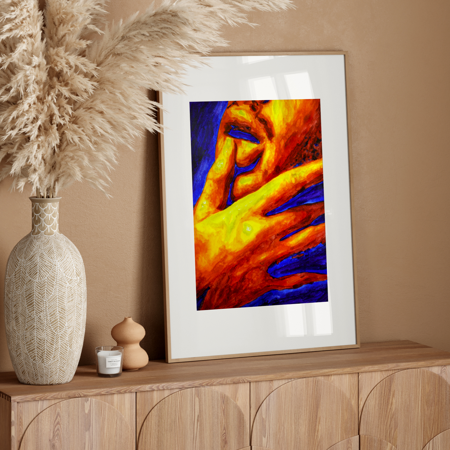 Watercolor painting of a side-profile portrait of a queer man touching his lips with his finger in a sensual gesture, with bold warm and cool tones.