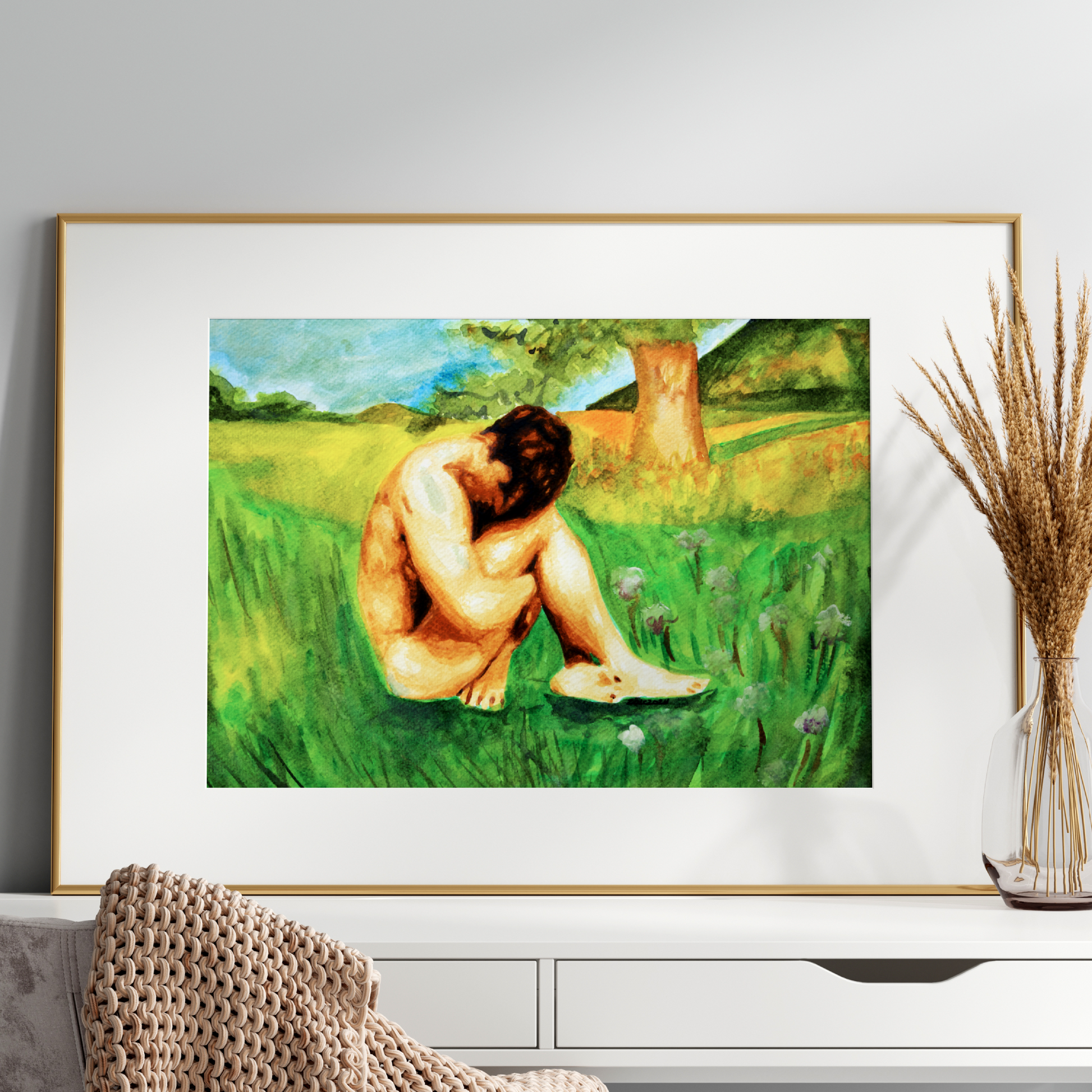 Framed painting of a nude figure in a natural setting on a wall above a white console table.