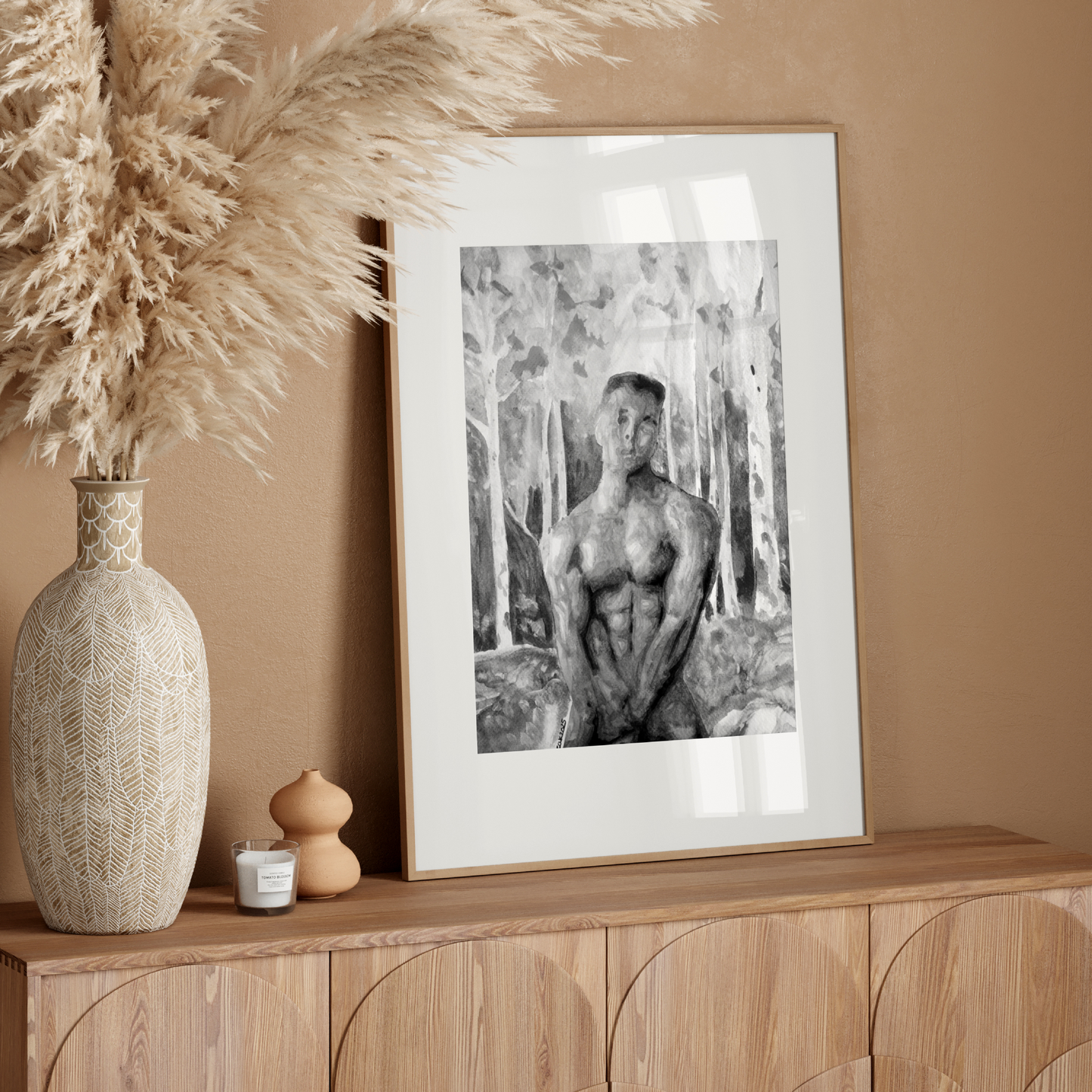 
Black and white watercolor painting of a muscular nude man in a misty forest, covering his genitals with one hand and looking directly at the viewer. Queer male figure art by Zak Pop Art.
