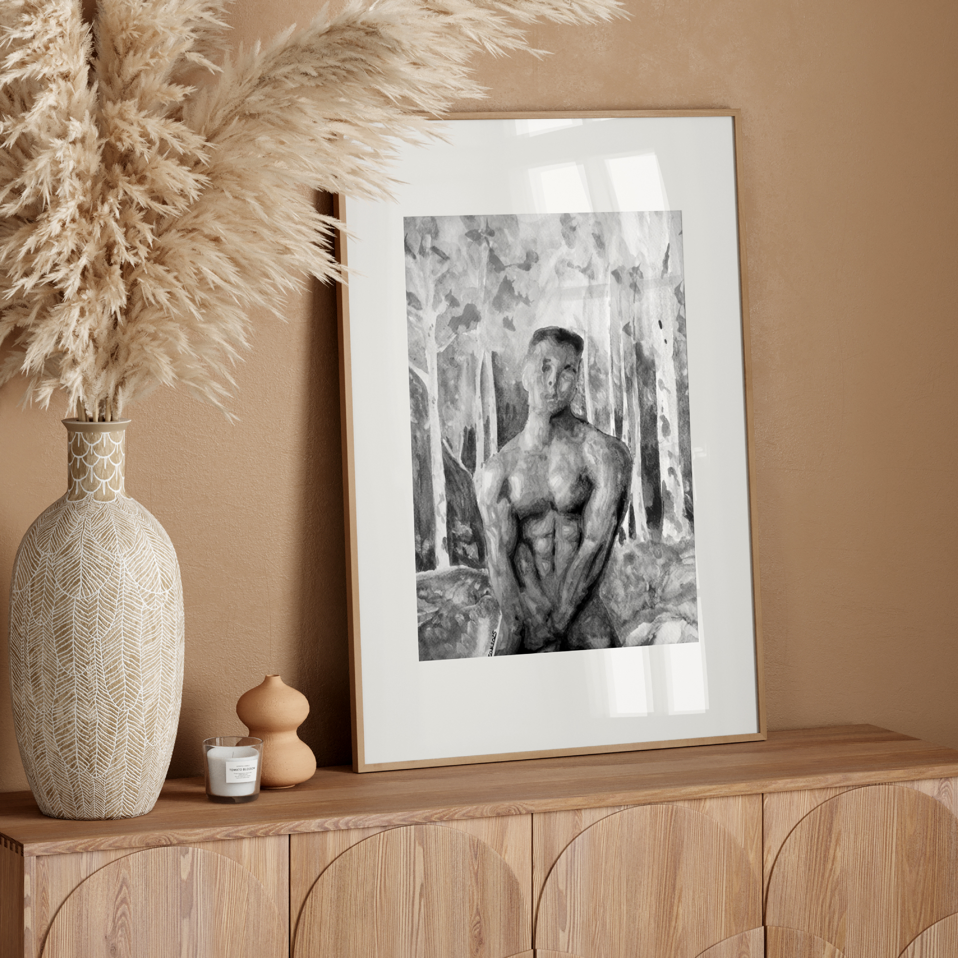 
Black and white watercolor painting of a muscular nude man in a misty forest, covering his genitals with one hand and looking directly at the viewer. Queer male figure art by Zak Pop Art.