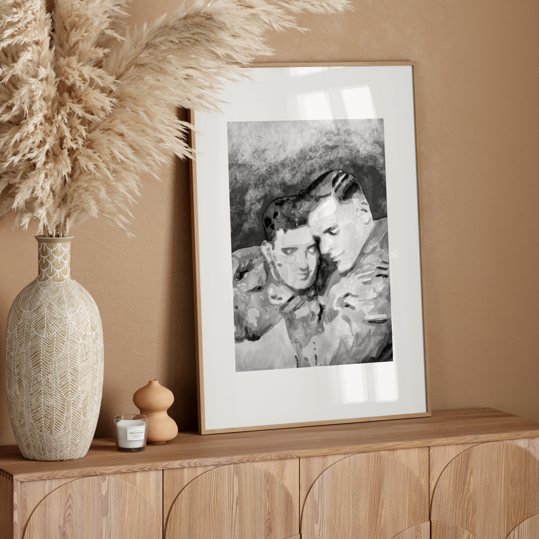 Black and white painting of two WWI soldiers in uniform sharing a tender, secret embrace. A grayscale tribute to queer love in wartime by Zak Pop Art.