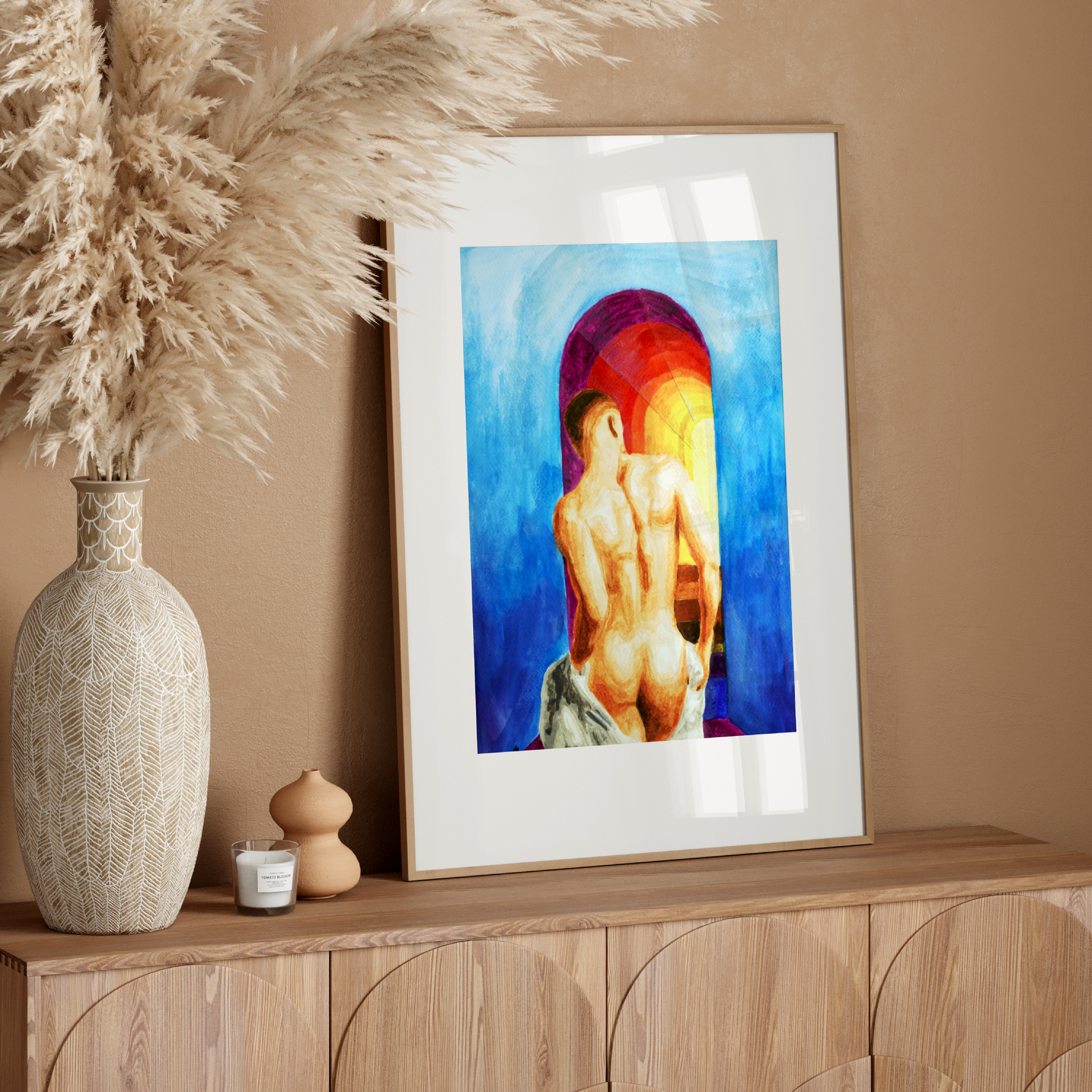 
Watercolor painting of a nude male from behind walking up stairs into the sky, with a rainbow and bright blue sky in the background.