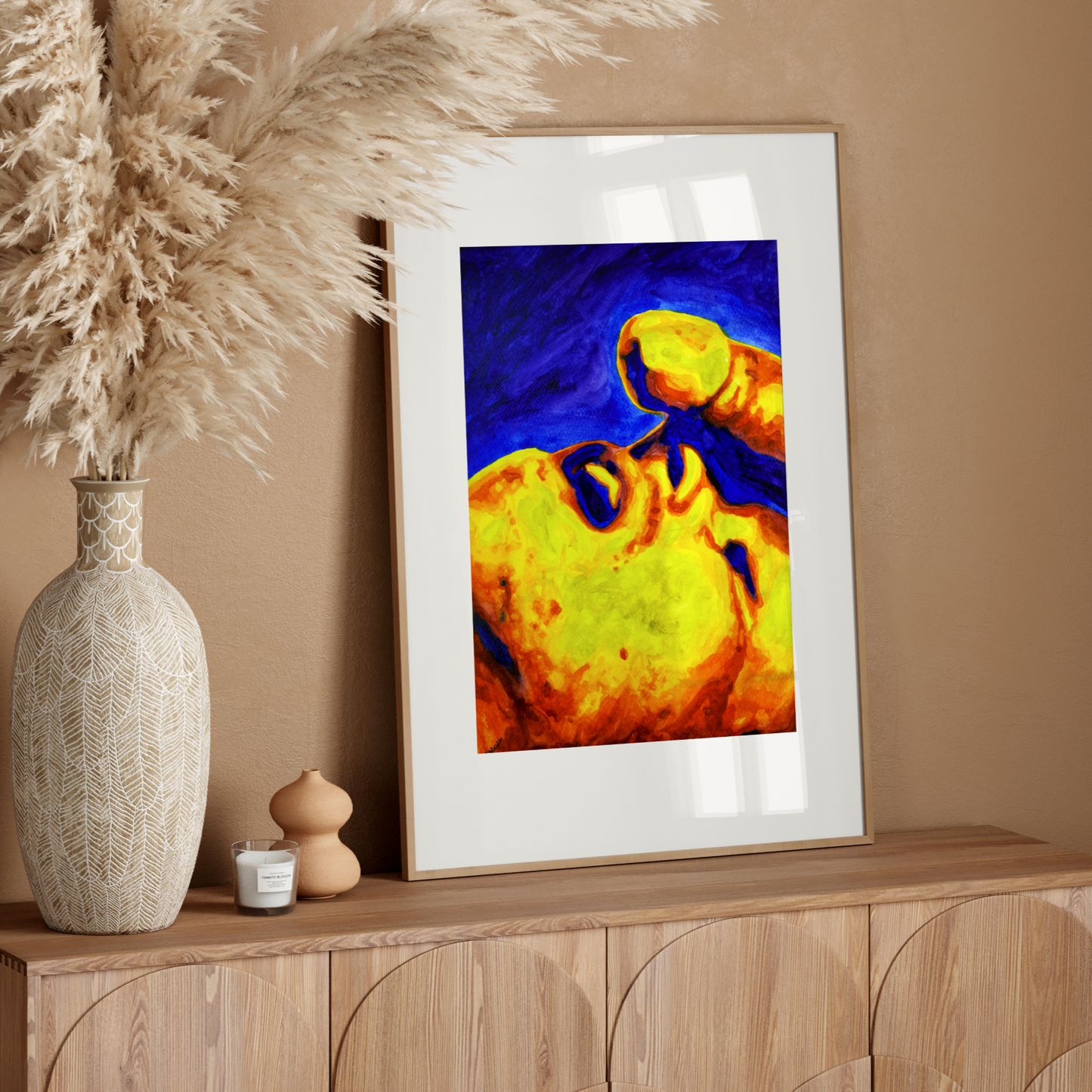 Watercolor painting of two men in an intimate moment, one gazing upward toward the other’s muscular body. A sensual queer artwork by Zak Pop Art.