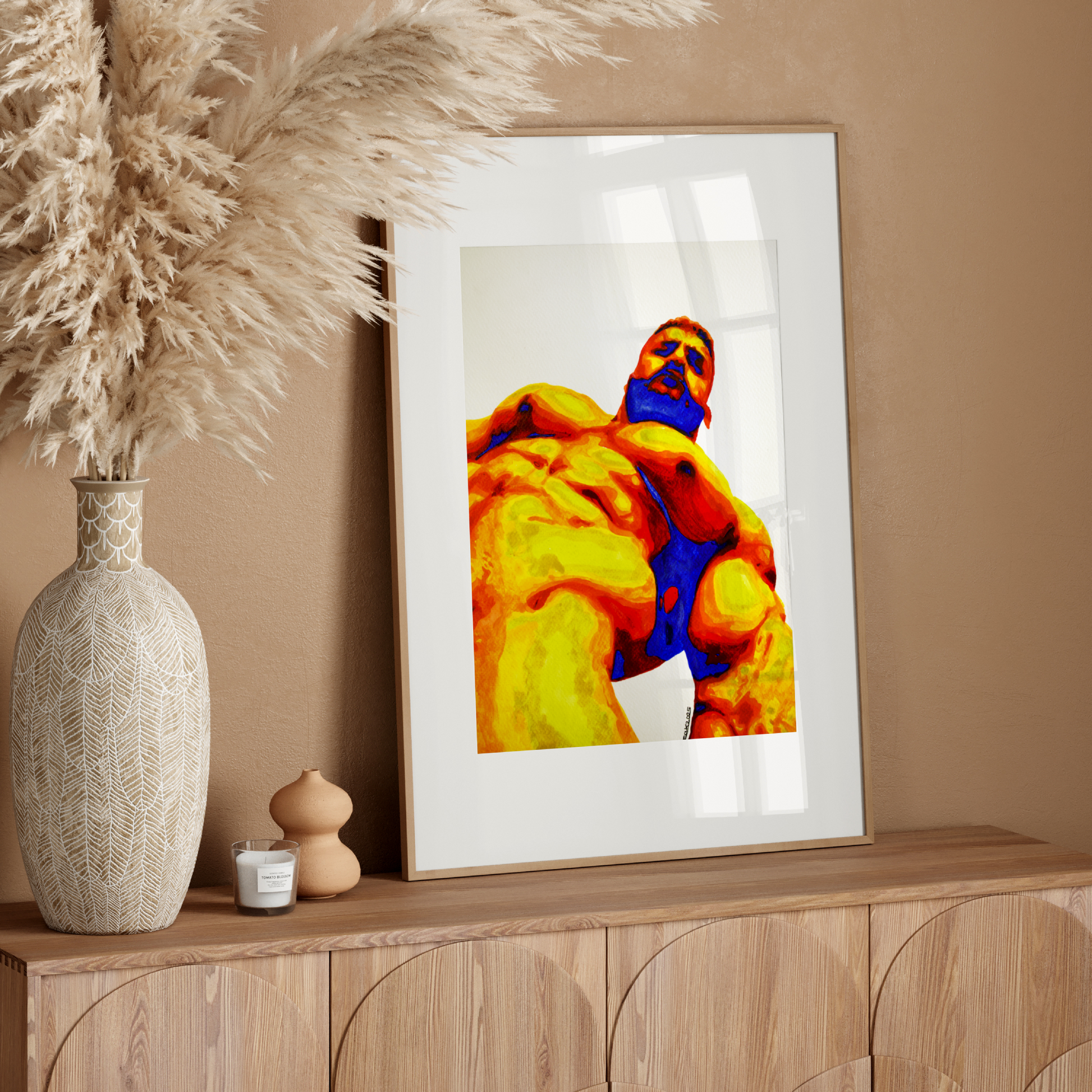 Bold watercolor painting of a muscular nude male viewed from a low angle, using vivid heatmap colors—yellow, red, and blue—symbolizing queer strength and sensuality, by Zak Pop Art.