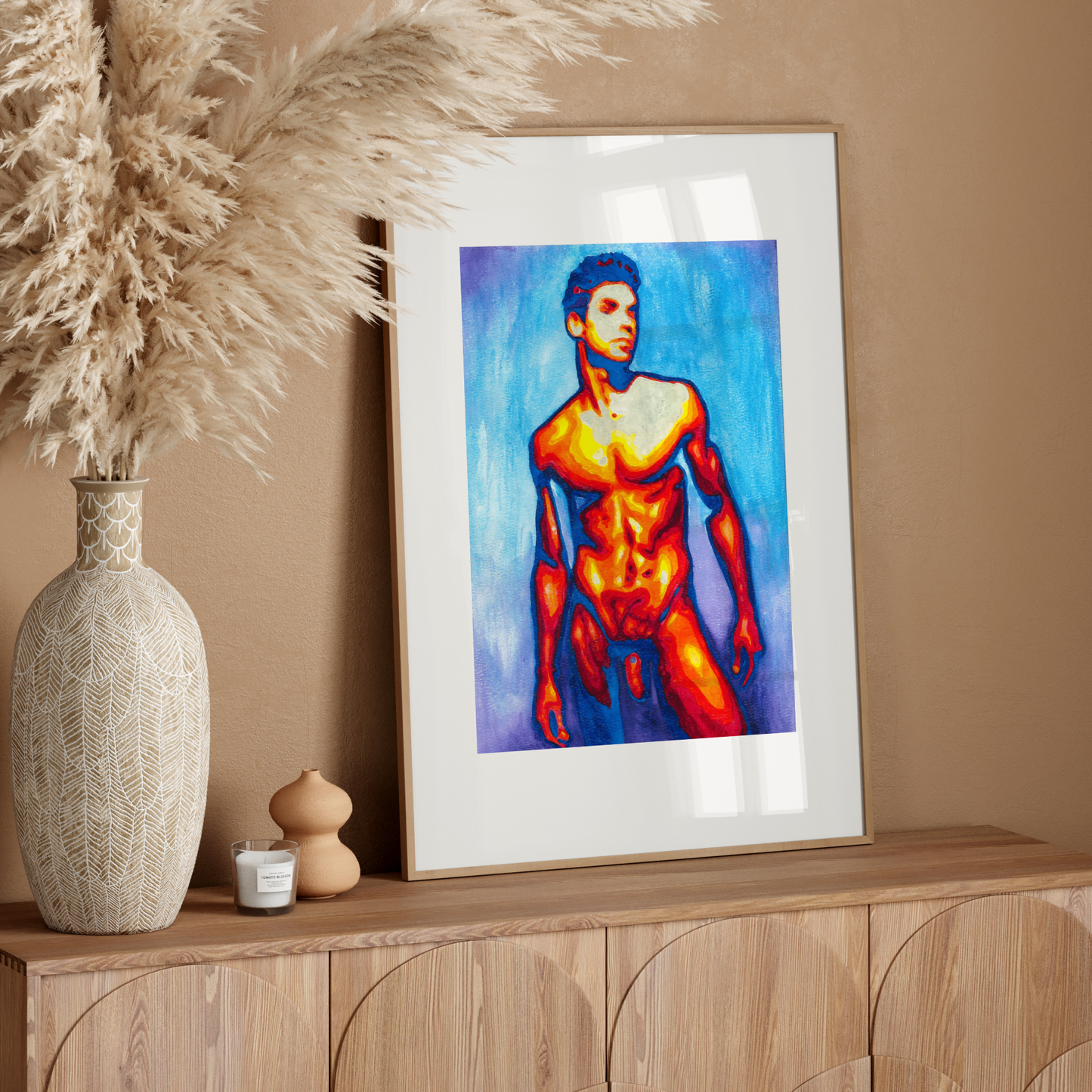 Framed artwork of a shirtless man on a wooden sideboard with decorative elements.