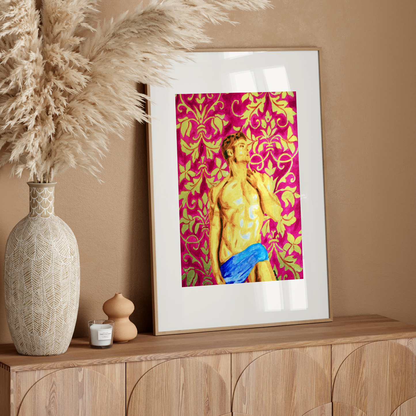 Greek-style muscular nude male with blue cloth and antique banana leaves in pink and gold