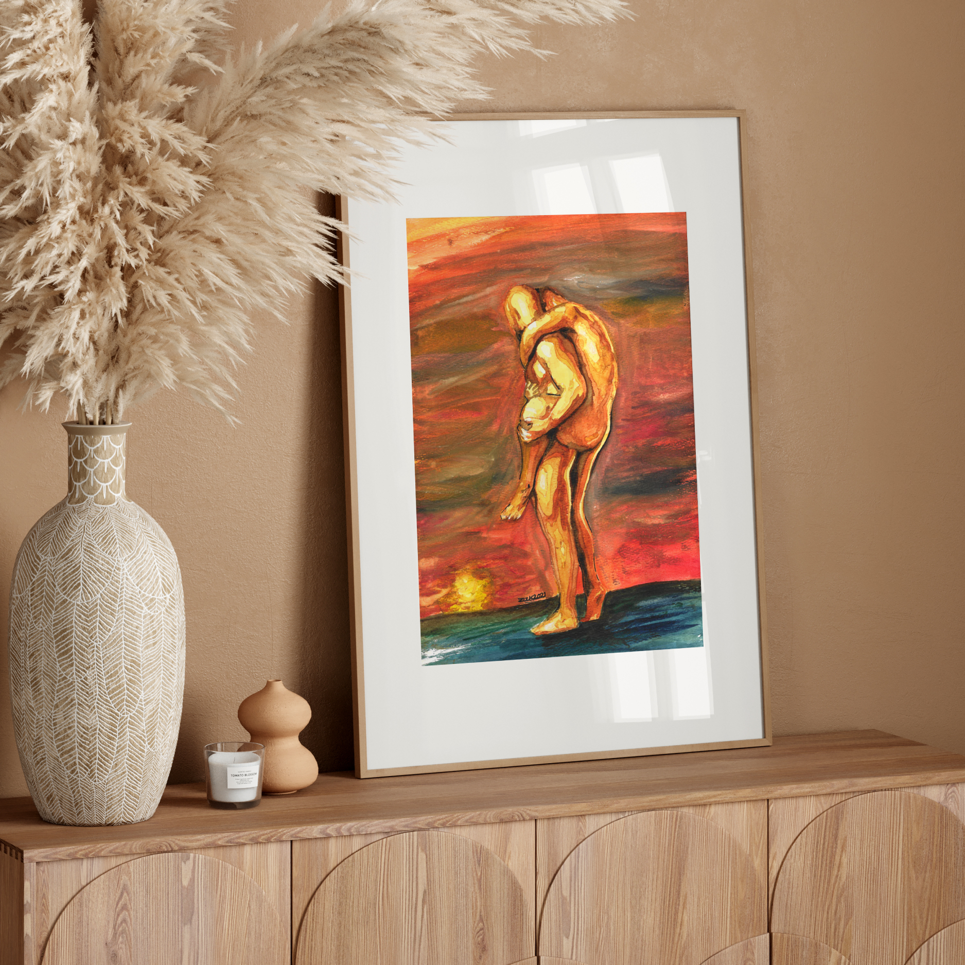 Framed abstract painting on a wooden sideboard with decorative elements.