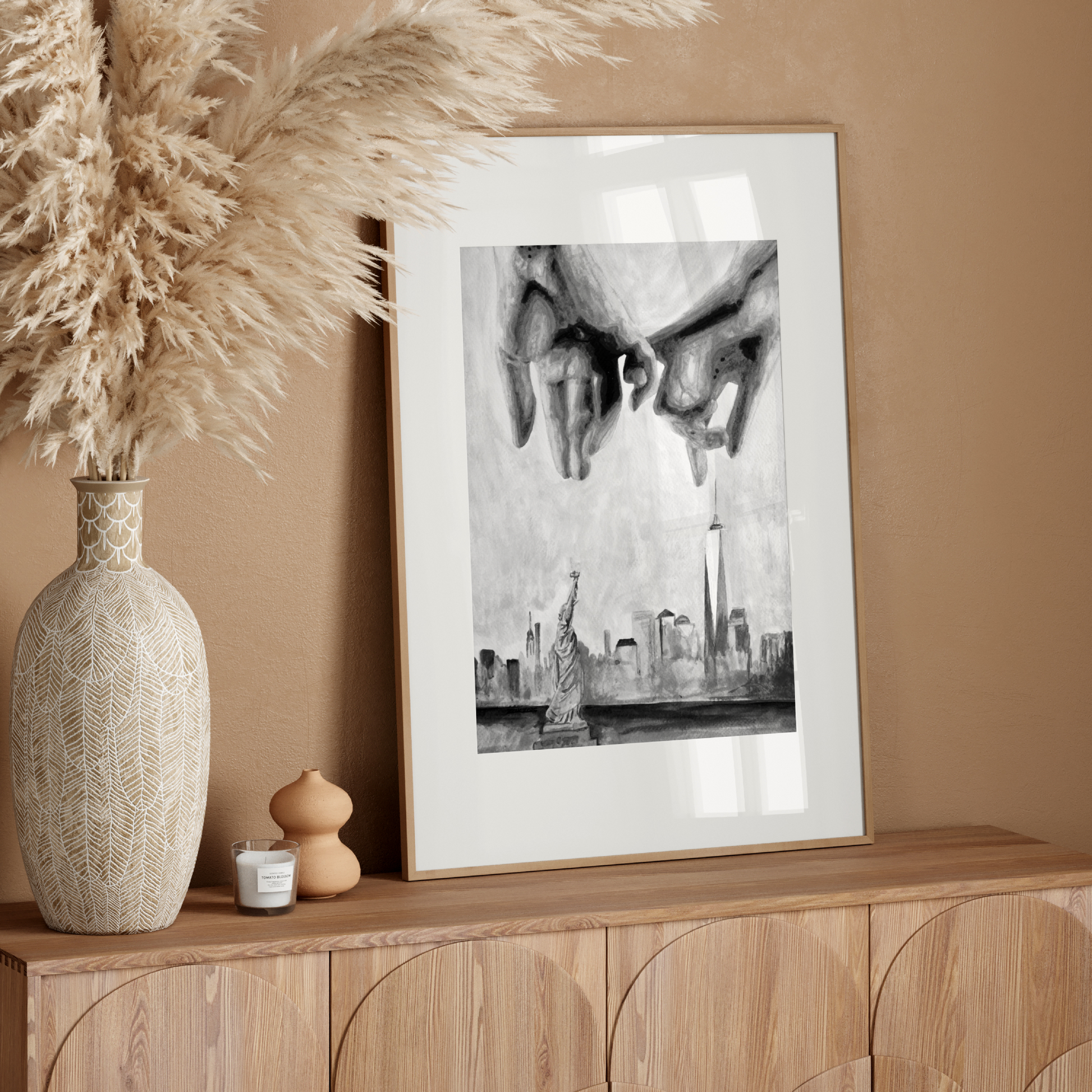 Black and white watercolor print of two gay men making a pinky promise with interlocked hands in the foreground. Behind them, the NYC skyline and Statue of Liberty are softly illustrated, symbolizing queer love and freedom.