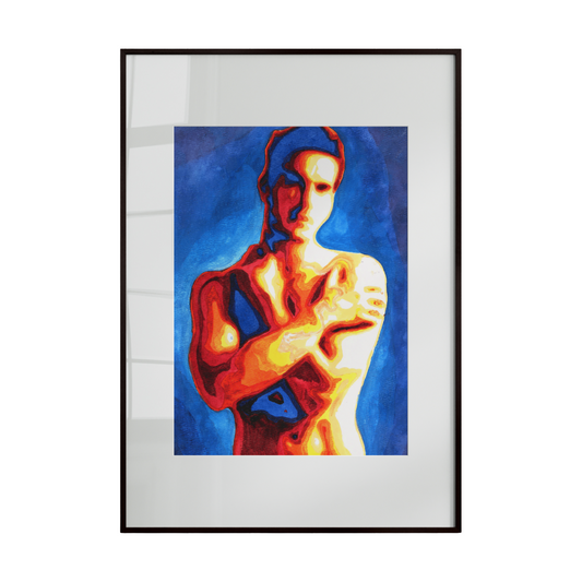 “Crossed Hands” by Zak Mohammed is a vibrant, abstract portrayal of a nude male figure. Warm and cool hues blend dynamically to emphasize movement, form, and emotional expression, while the crossed hands become a focal point, symbolizing connection, tension, and intimacy.