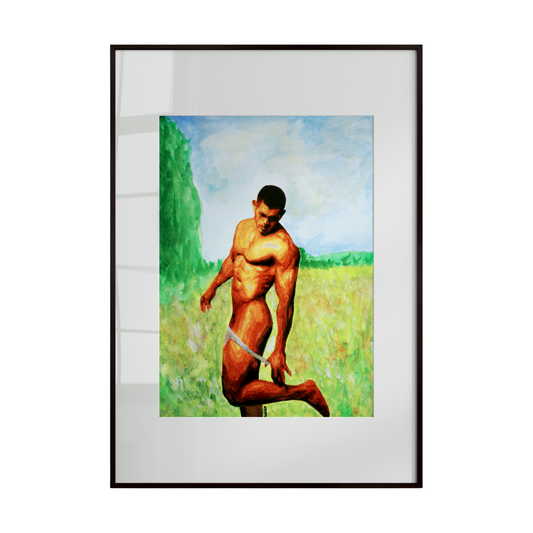 nude male figure in a dynamic pose in a lush green field, rendered in an impressionist style inspired by Monet. The flowing brushstrokes and vibrant greens capture movement, freedom
