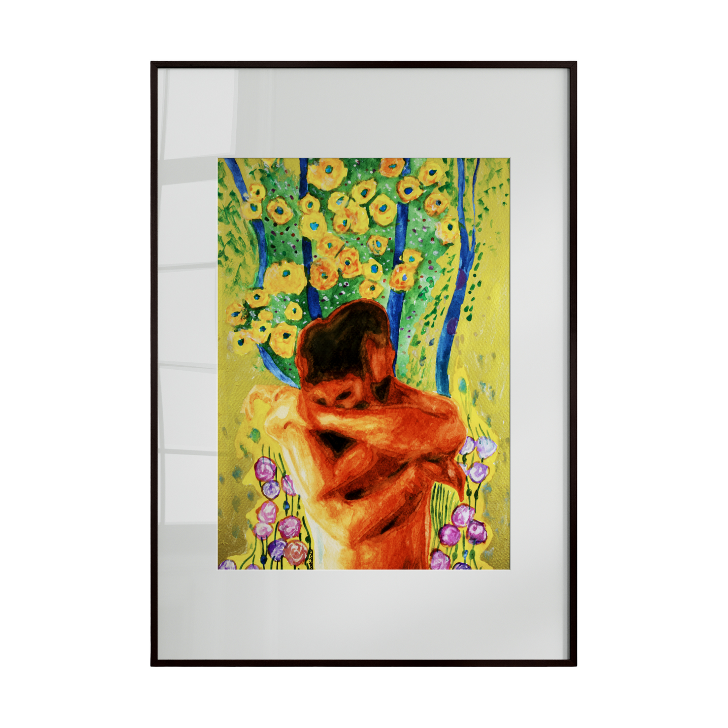 Framed artwork of a cat among flowers on a white background