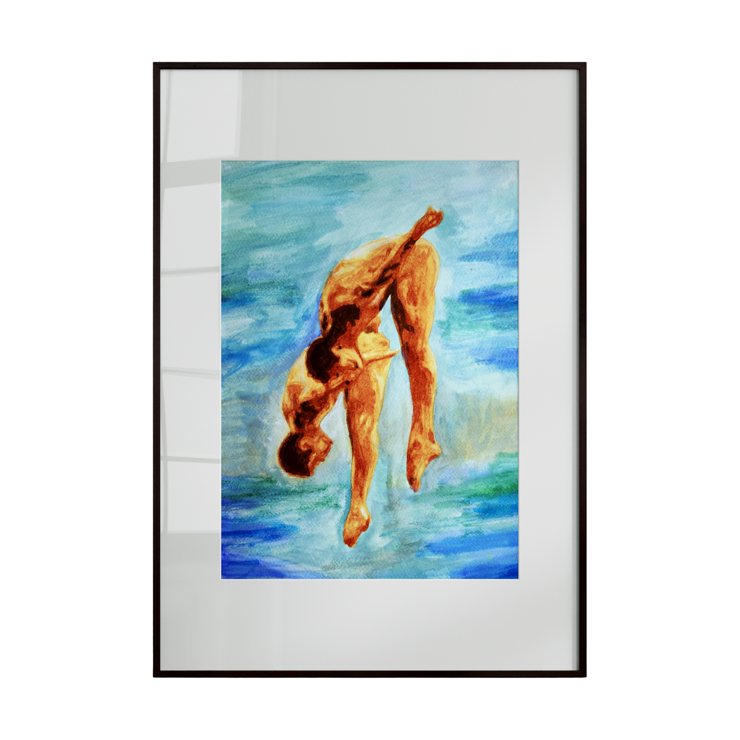 Framed artwork of a swimmer in mid-air above water.