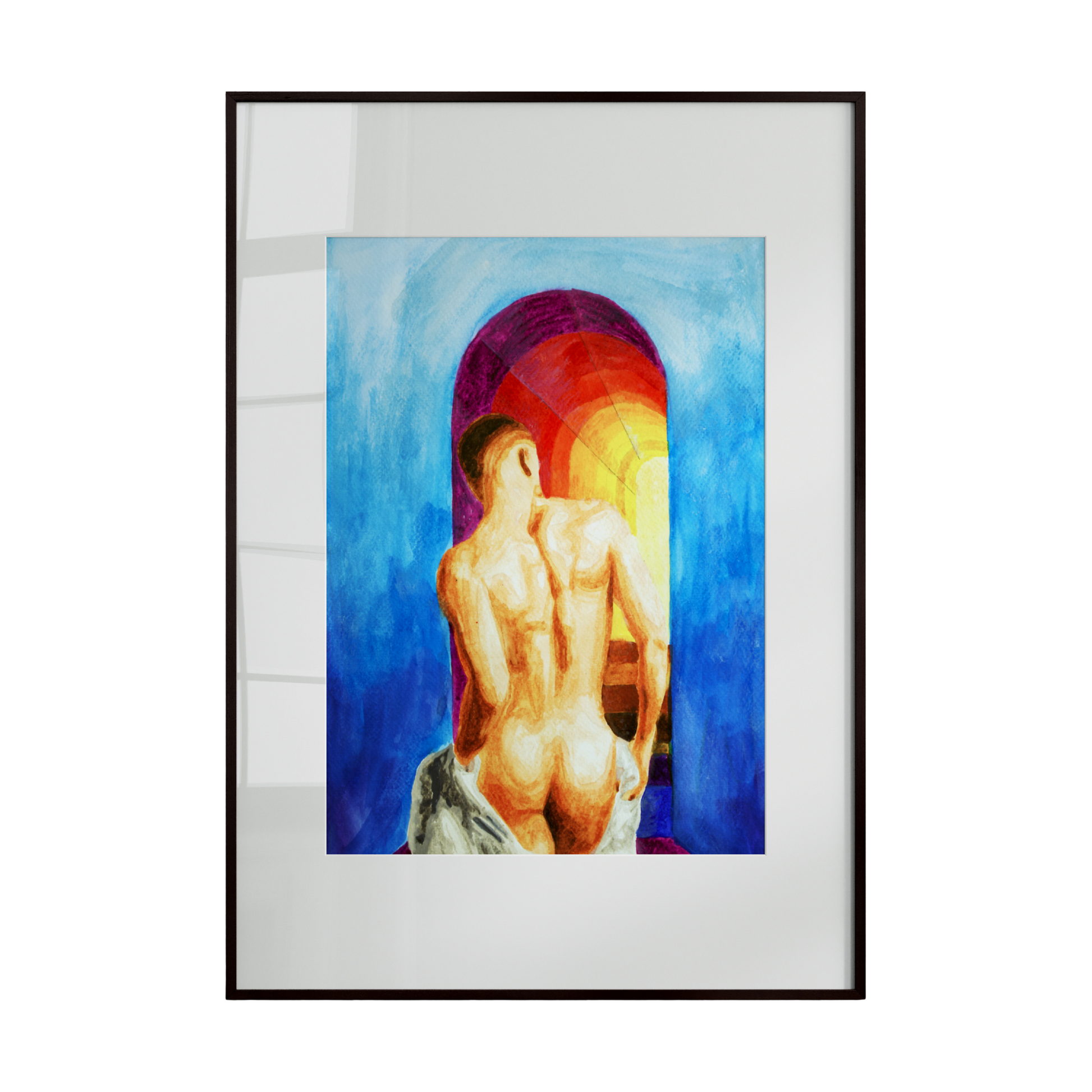 A watercolor painting depicting a nude male figure from behind, walking up stairs into the sky. A vibrant rainbow arcs across a bright blue sky, creating a composition that celebrates queer identity, aspiration, and transcendence in a serene, uplifting scene.