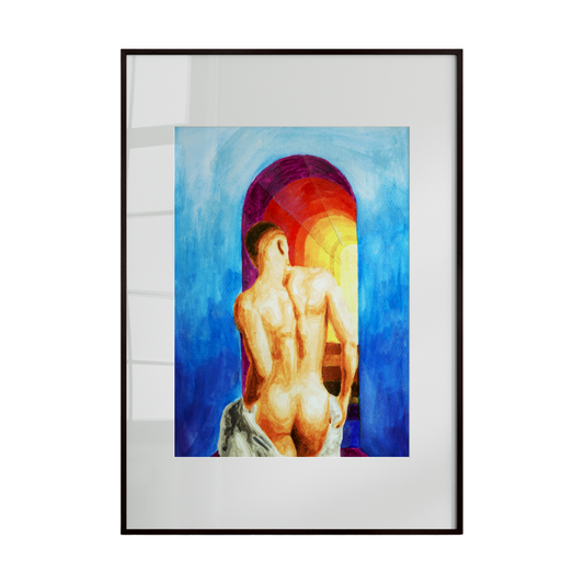 A watercolor painting depicting a nude male figure from behind, walking up stairs into the sky. A vibrant rainbow arcs across a bright blue sky, creating a composition that celebrates queer identity, aspiration, and transcendence in a serene, uplifting scene.