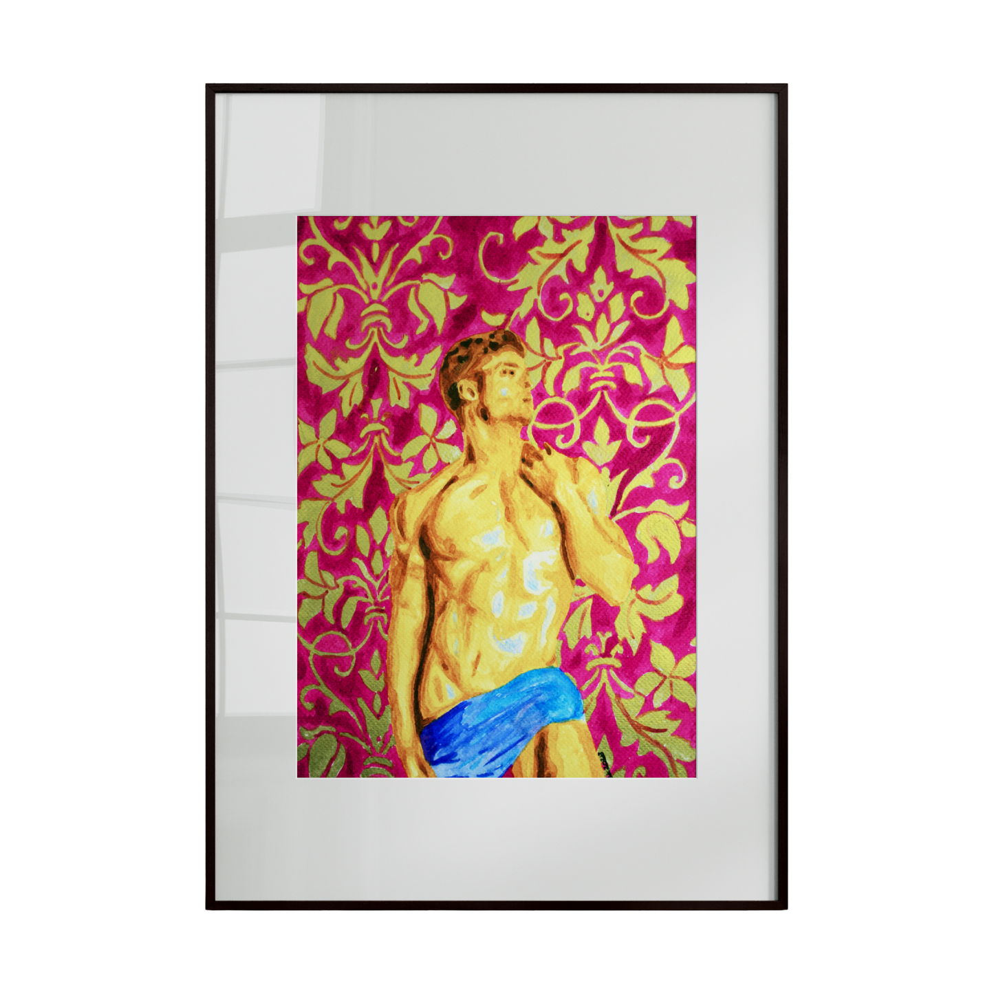 A Greek-inspired artwork depicting a muscular nude male figure draped in a blue cloth, surrounded by decorative golden and pink leaves. The piece celebrates classical aesthetics, strength, and elegance, blending bold color with refined form.