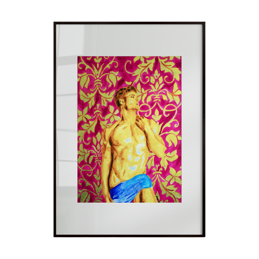 A Greek-inspired artwork depicting a muscular nude male figure draped in a blue cloth, surrounded by decorative golden and pink leaves. The piece celebrates classical aesthetics, strength, and elegance, blending bold color with refined form.