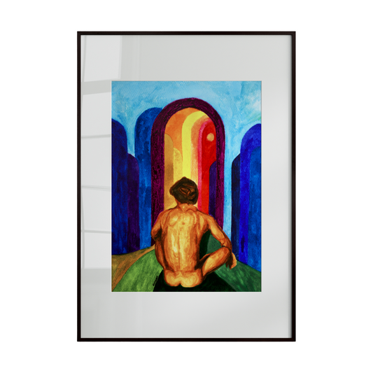 A watercolor painting of a nude male figure seen from behind, gazing at a vibrant rainbow in a bright blue sky. The artwork celebrates queer identity, freedom, and introspection through expressive color and serene composition by Zak Pop Art.