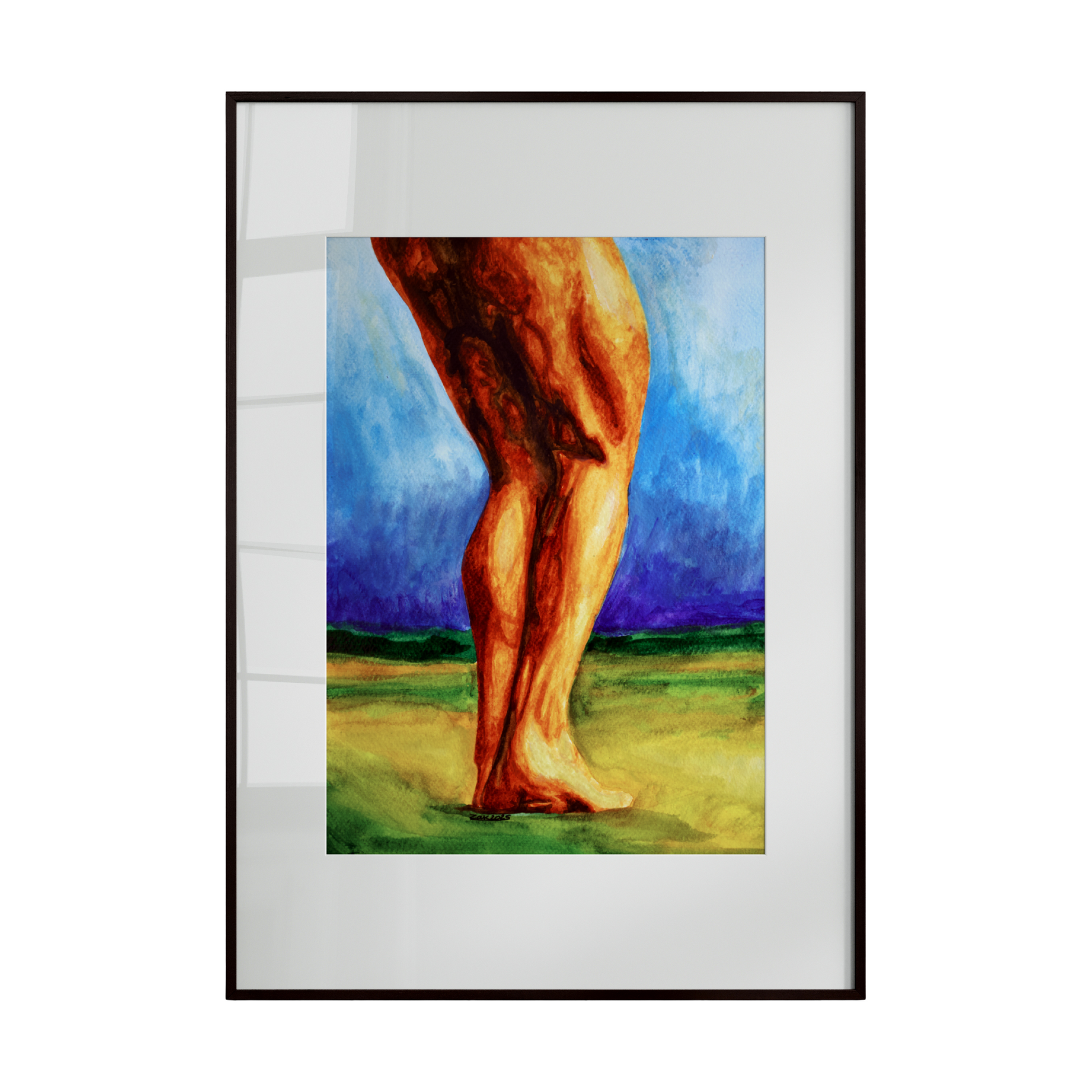 A watercolor painting depicting muscular bare male legs standing barefoot in an open field beneath a clear blue sky. The composition emphasizes grounding, freedom, and quiet strength, symbolizing LGBTQ+ identity, presence, and connection to nature.