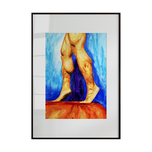 A colorful painting focusing on muscular male legs standing on tiptoes atop a red-covered table, set against a bold blue background. The composition emphasizes balance, strength, and tension, blending vibrant color contrasts with a contemporary queer perspective by Zak Pop Art.