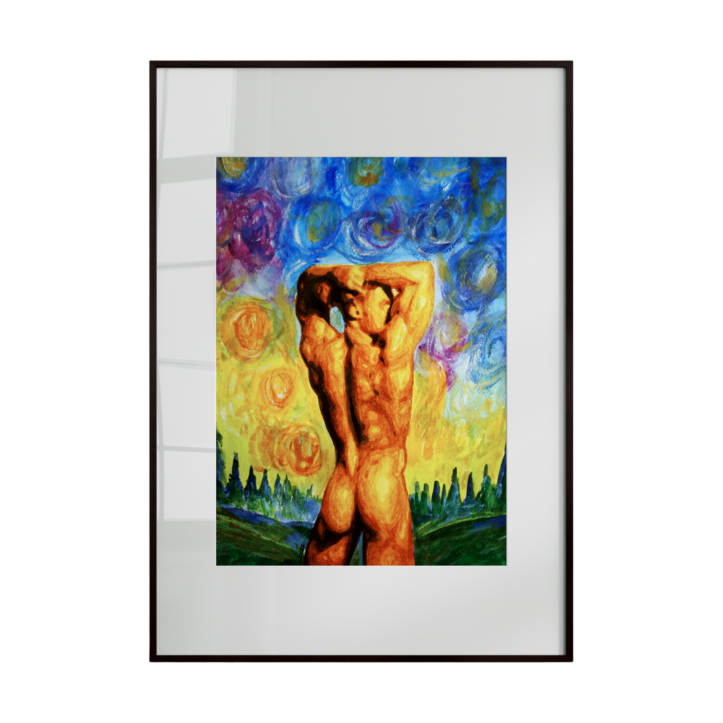 Framed artwork of a nude figure with abstract design