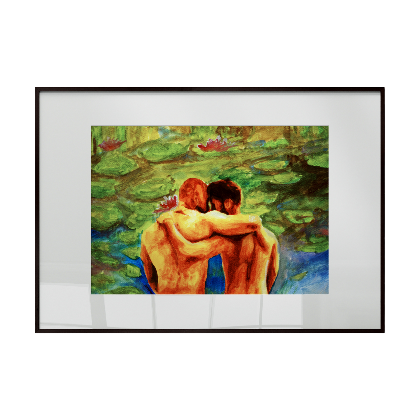 Framed artwork of two nude figures embracing in a pond with lily pads.