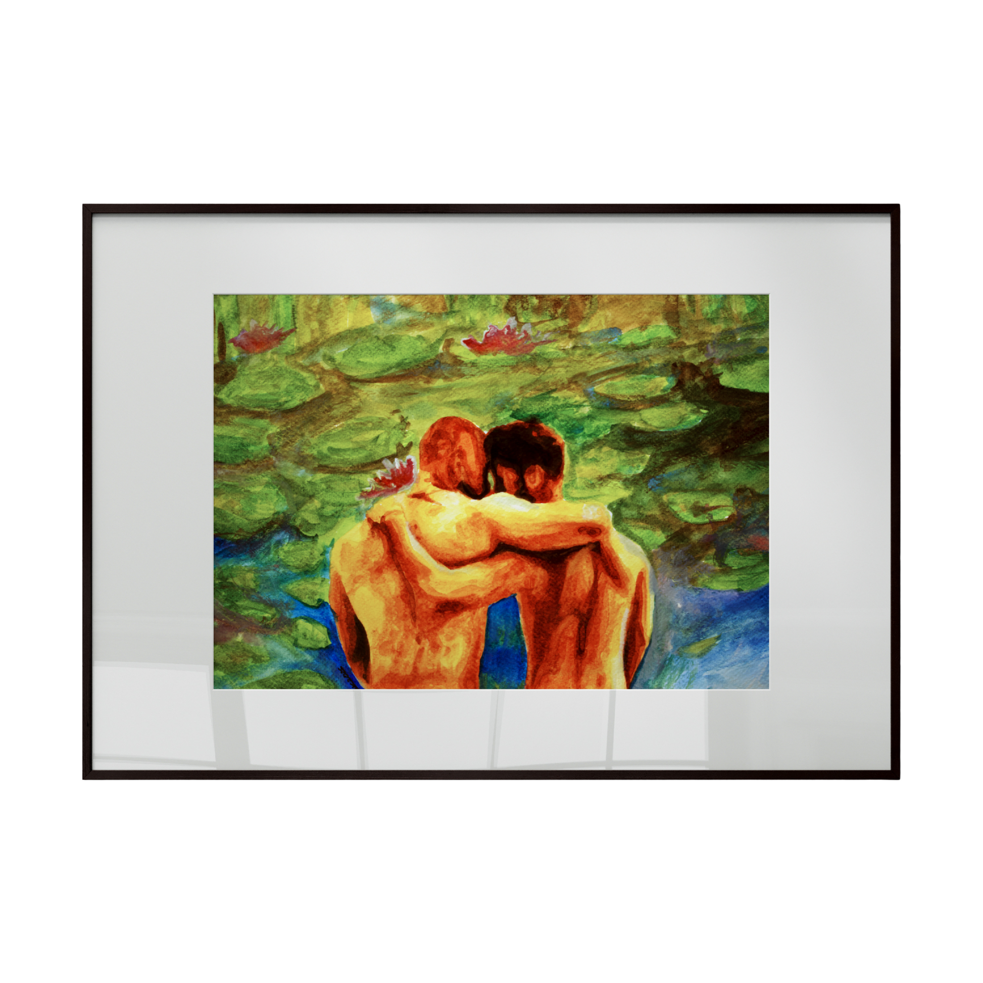 Framed artwork of two nude figures embracing in a pond with lily pads.
