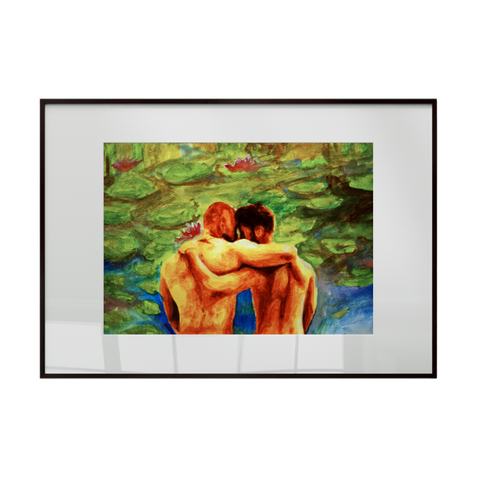Framed artwork of two nude figures embracing in a pond with lily pads.