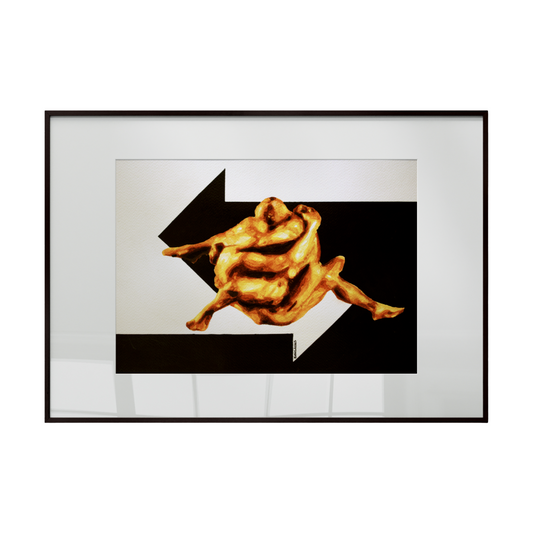 Framed artwork of a stylized figure with an arrow on a white background