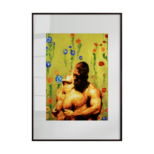Framed artwork of a muscular figure with flowers on a green background