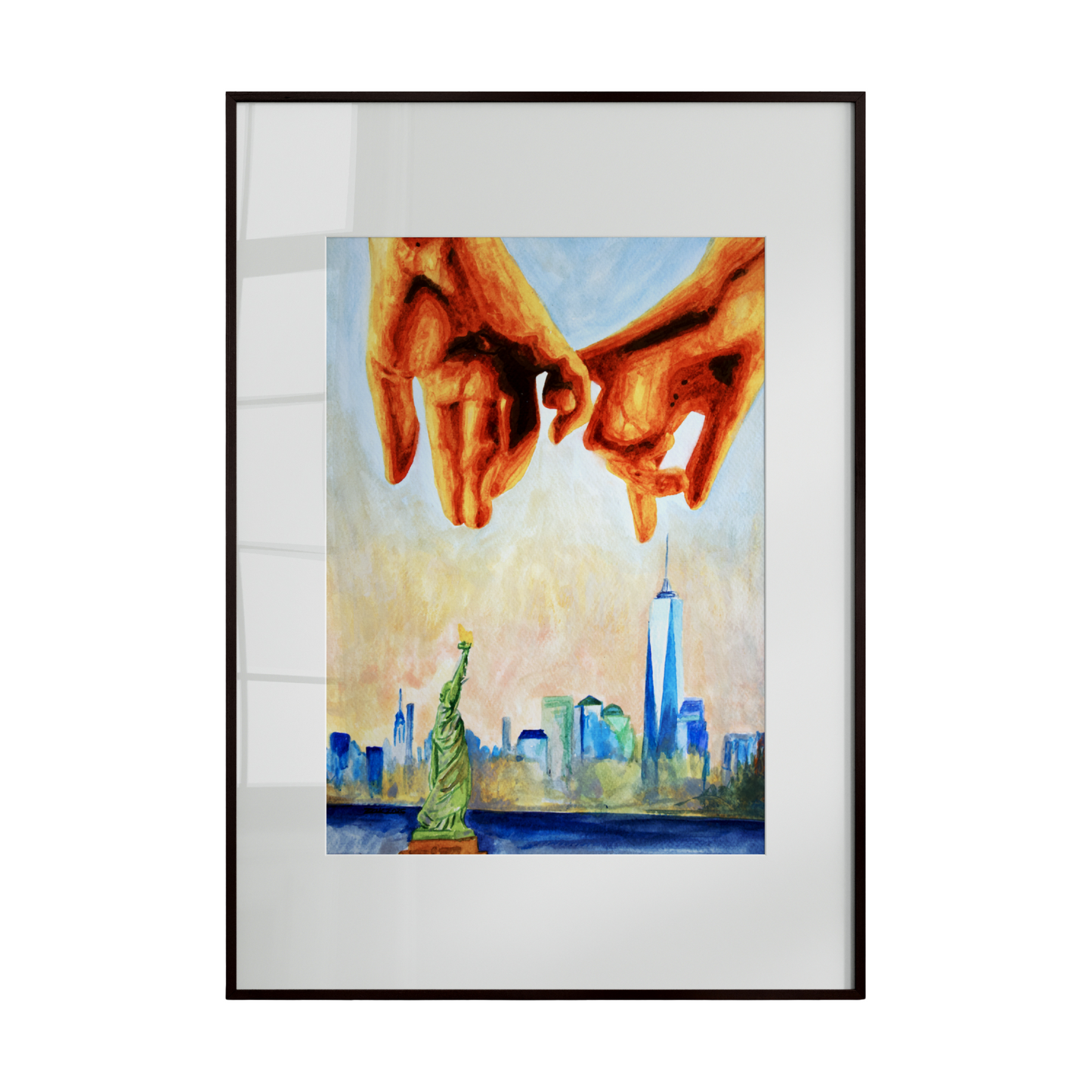 Framed artwork of two hands holding a heart with a cityscape in the background