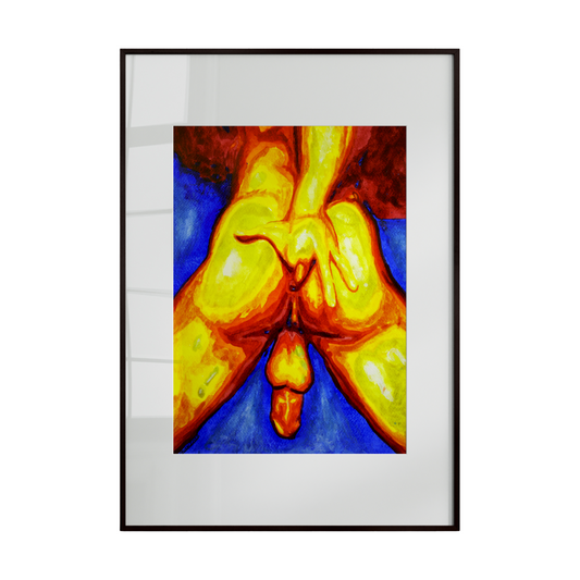 man in a sensual pose, subtly touching himself. Warm and cool tones interplay across the figure, highlighting contours and creating a dynamic balance of intimacy and emotion. The artwork explores desire