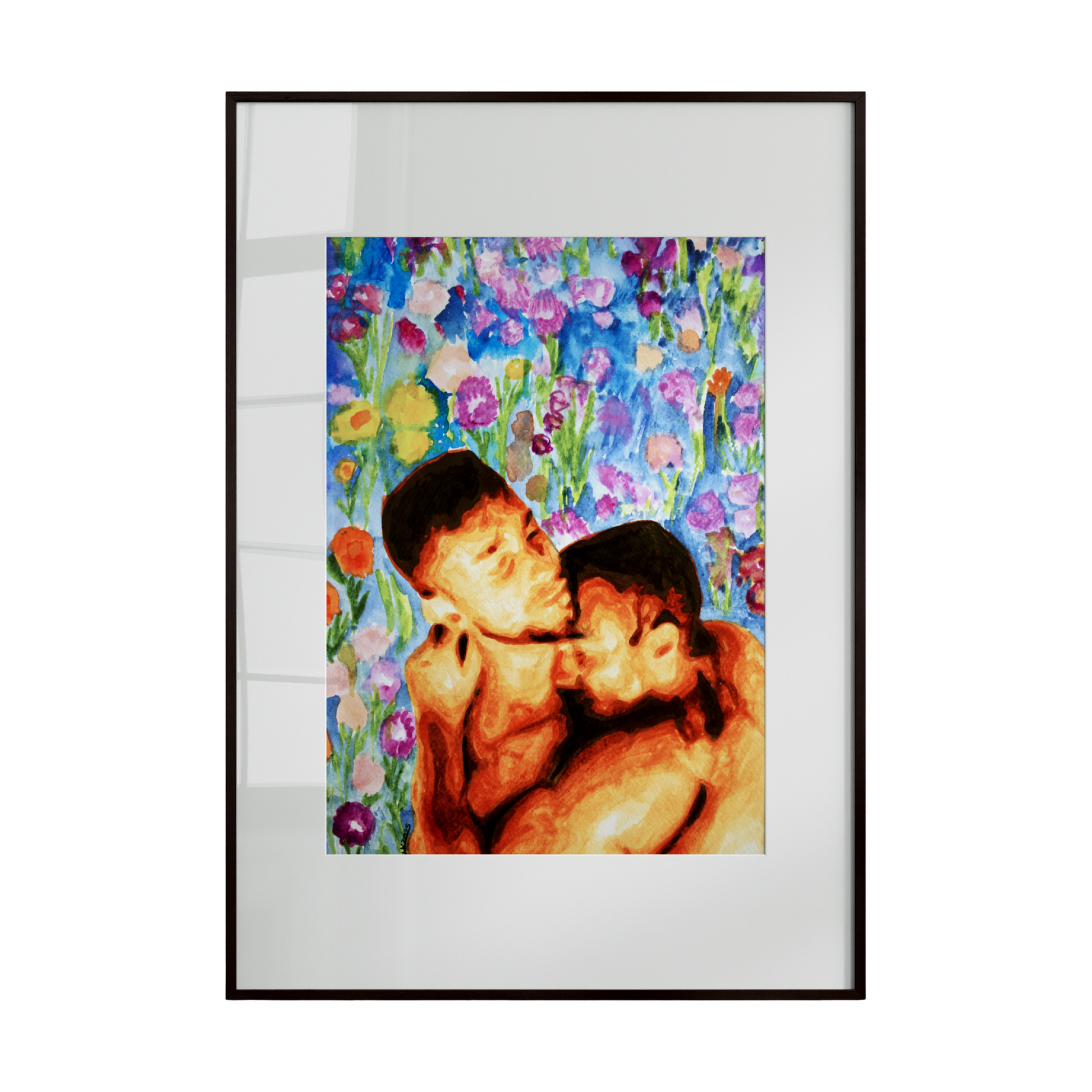 Framed artwork of two people embracing with a colorful floral background