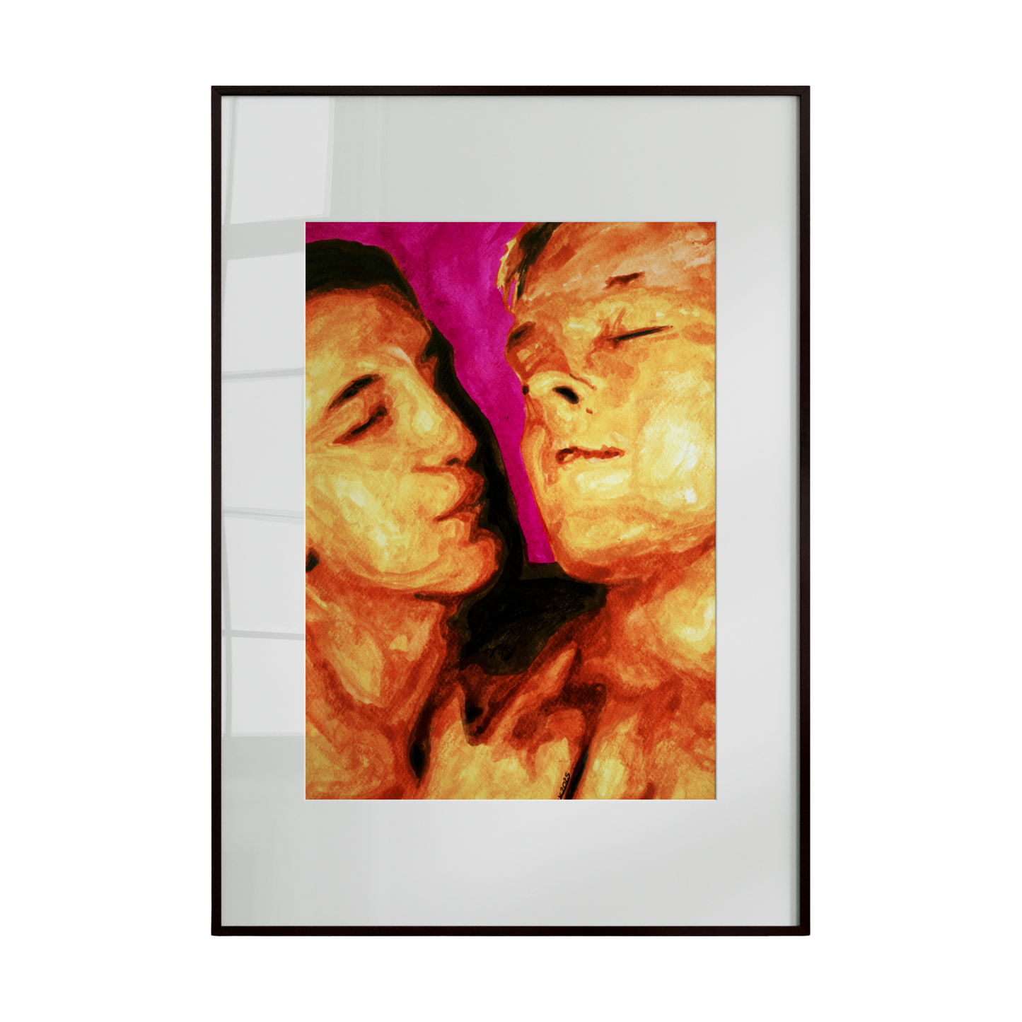 two gay men, with one gazing affectionately at the other. Warm skin tones and a soft pink floral background create a gentle, intimate atmosphere. The artwork highlights love, care, and emotional connection