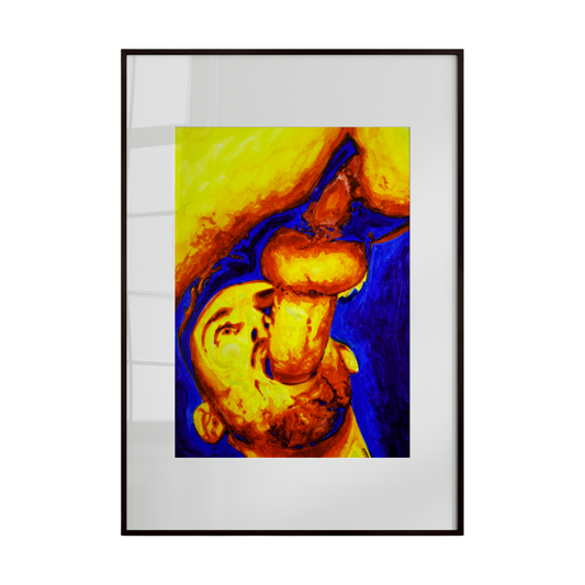figure expressing deep emotion with an open mouth. Warm and cool tones interplay across the composition