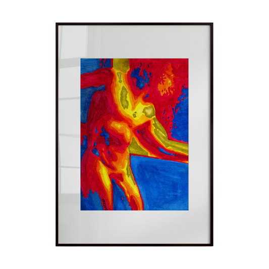 Framed abstract artwork with vibrant colors on a white background