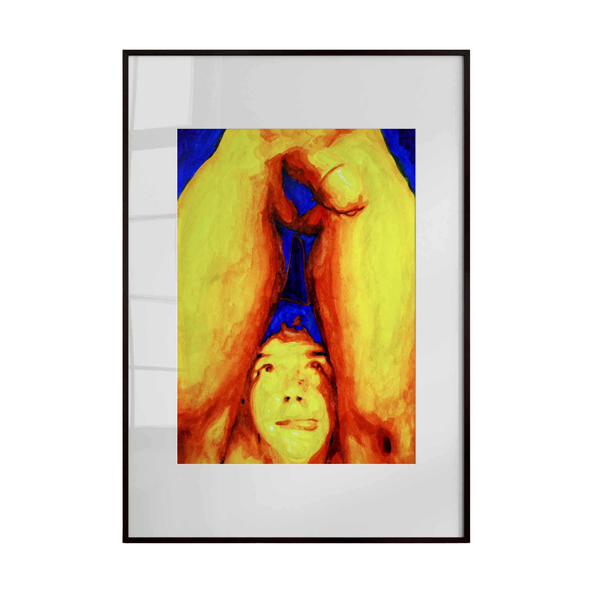Framed artwork of a person with a blue background