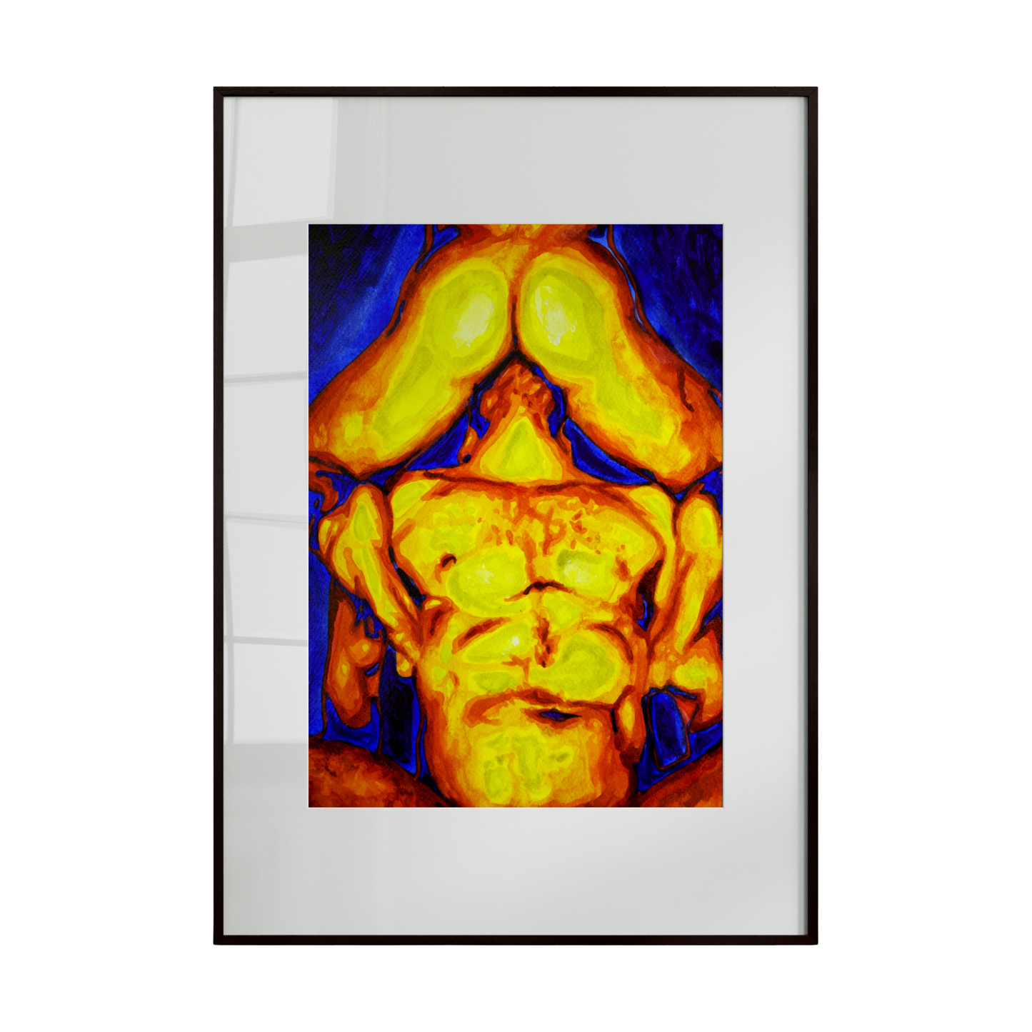 This watercolor painting depicts two queer male lovers in an intimate pose one lying down showing toned abs, while the other leans in affectionately. Warm, expressive tones capture the emotional connection, tenderness, and intimacy between the figures.