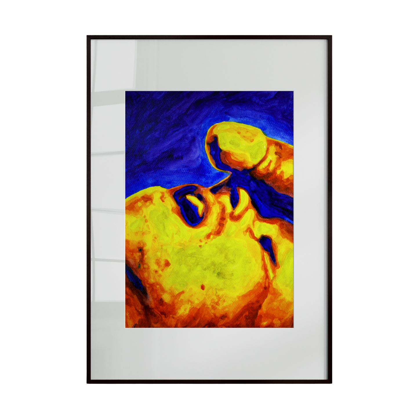 a queer male figure with an open mouth and uplifted expression, rendered through symbolic abstraction rather than explicit detail. Warm and cool tones reds and oranges balanced with blues and purples intertwine to express vulnerability