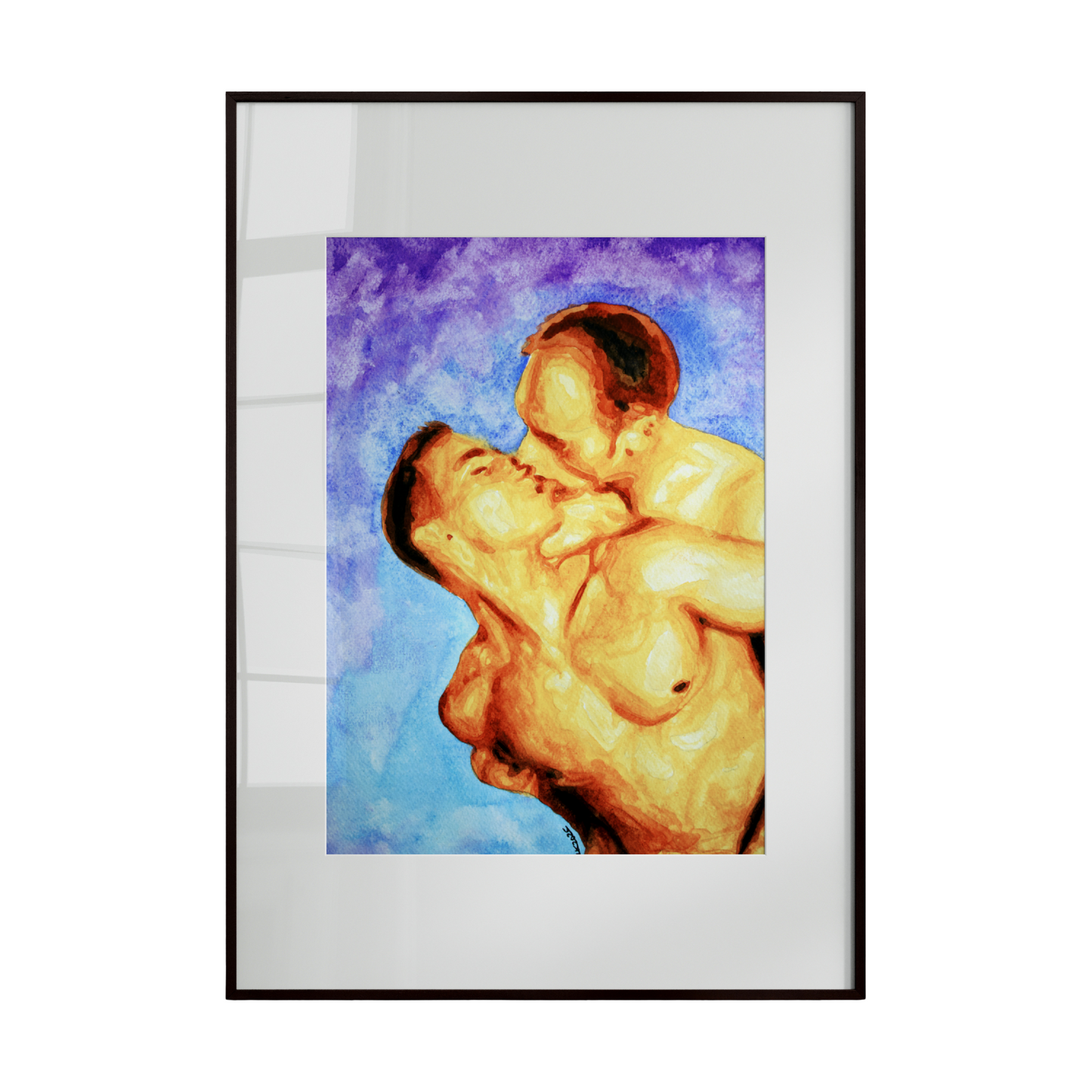 Framed artwork of a man and child embracing against a colorful background