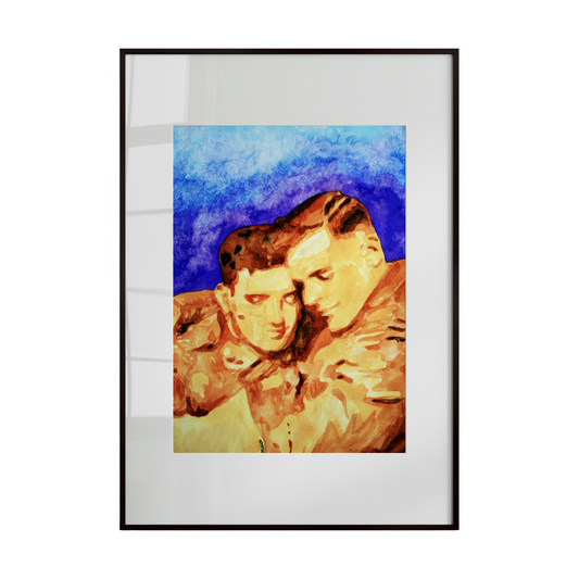 two World War I soldiers embracing tenderly, dressed in vintage military uniforms. The composition captures a quiet, intimate moment amidst the weight of war, celebrating vulnerability,