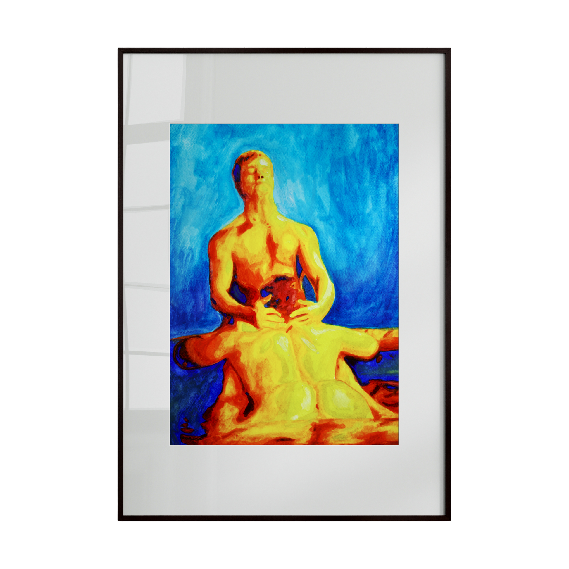 two male figures in a tender, intimate moment in a pool. The focus is on closeness, trust, and emotional connection, with gentle ripples of water reflecting light around them. Soft, flowing brushstrokes and a serene palette of blues and teals create a dreamy,