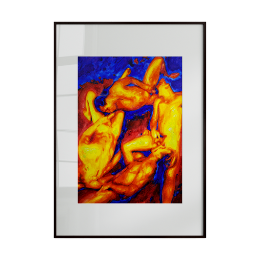 Framed artwork of nude figures in a dynamic pose on a white background