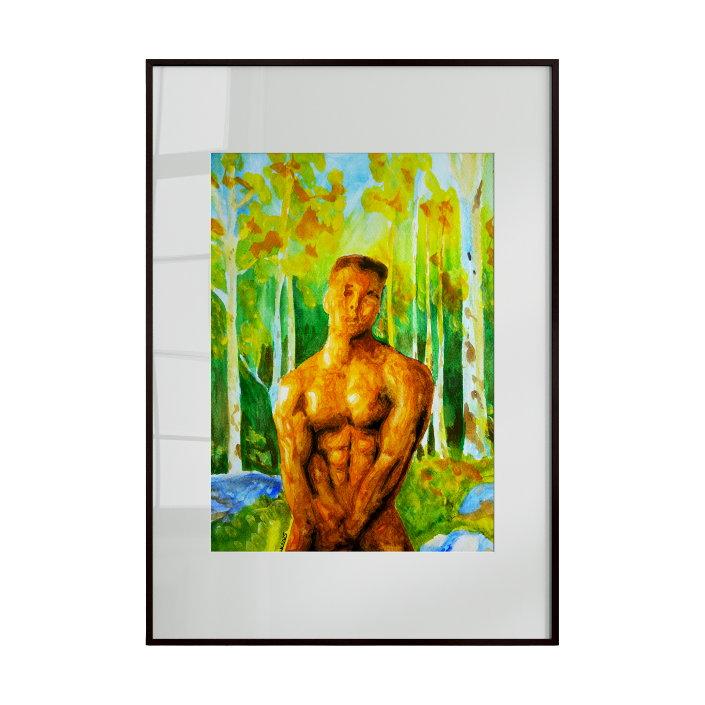 A watercolor painting of a muscular nude male figure standing in a misty forest, modestly covering his groin while looking directly at the viewer. The composition combines strength, vulnerability, and direct emotional connection, exemplifying expressive LGBTQ+ artistry by Zak Pop Art.