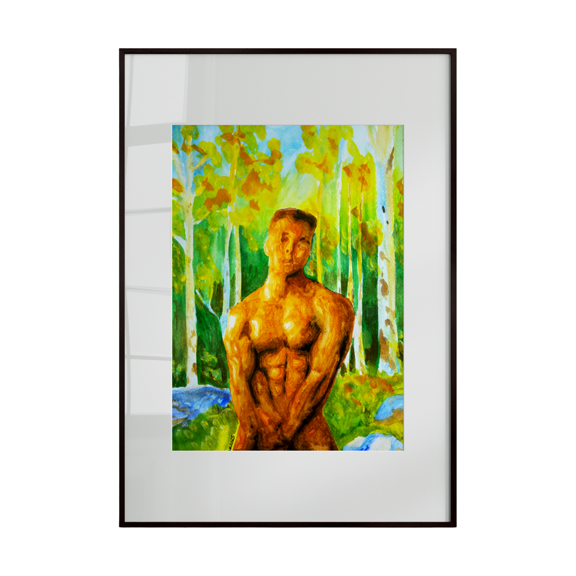 A watercolor painting of a muscular nude male figure standing in a misty forest, modestly covering his groin while looking directly at the viewer. The composition combines strength, vulnerability, and direct emotional connection, exemplifying expressive LGBTQ+ artistry by Zak Pop Art.